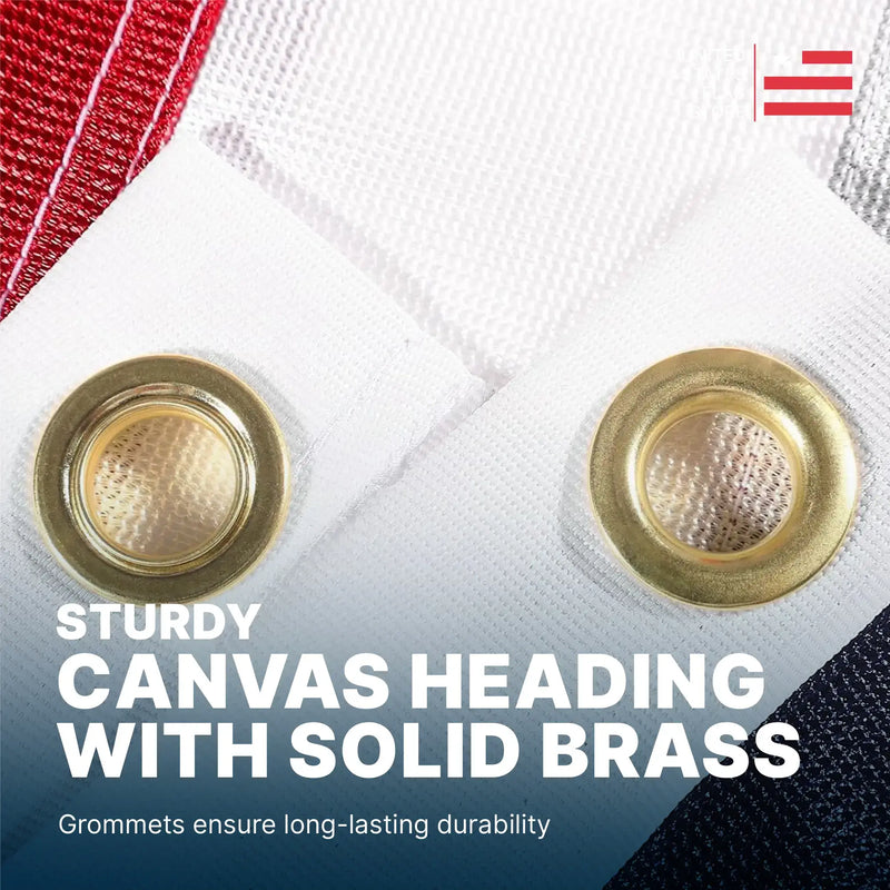 Close-up of grommets on a fabric with text highlighting durability.