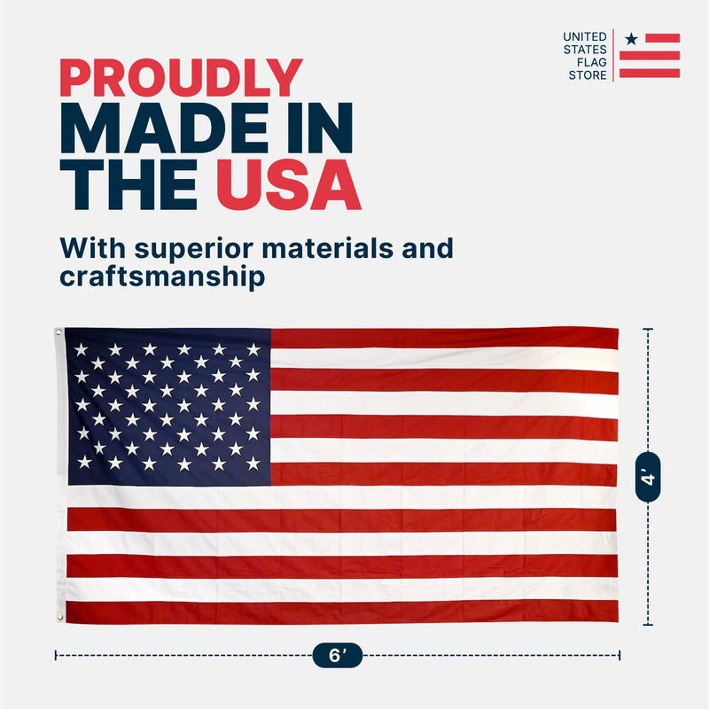 American flag with 'Proudly Made in the USA' text and dimensions on a white background.