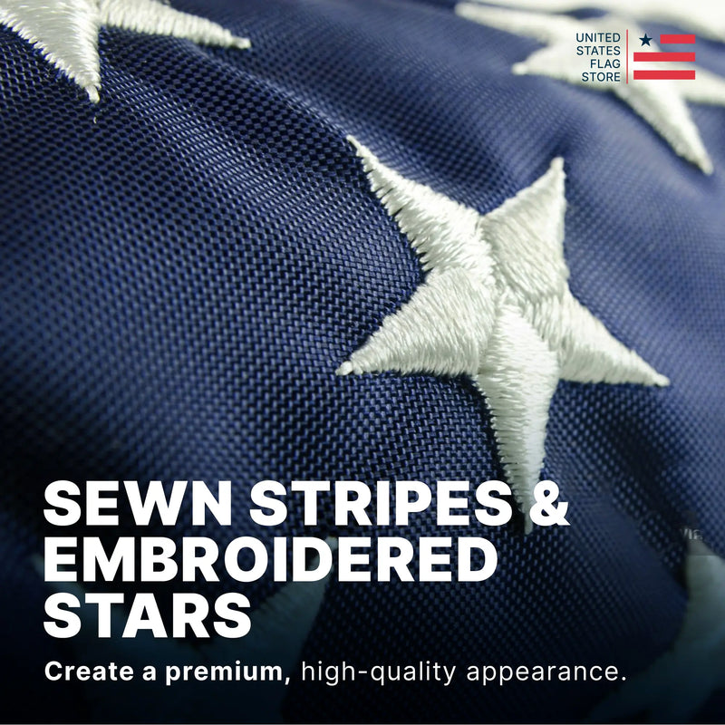 Close-up of an American flag with embroidered stars and text about quality.