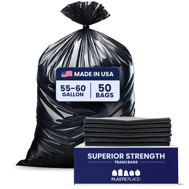 55-60 Gallon Contractor Trash Bags - Black, 50 Bags - 3 Mil