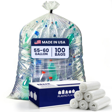 55-60 Gallon Trash Bags - Clear, 100 Bags (5 Rolls of 20) - 1.5 Mil