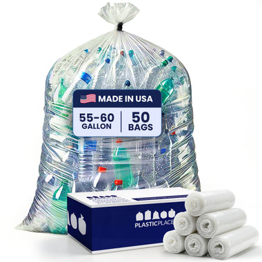 55-60 Gallon Trash Bags - Clear, 50 Bags (5 Rolls of 10) - 1.5 Mil