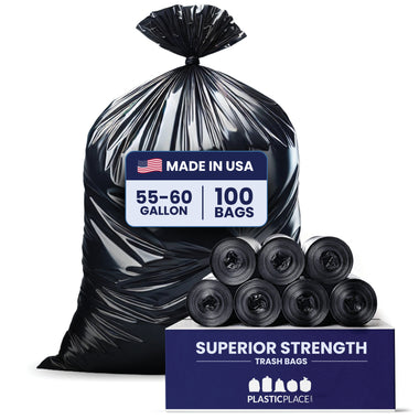55-60 Gallon Trash Bags - Black, 100 Bags (10 Rolls of 10) - 1 Mil