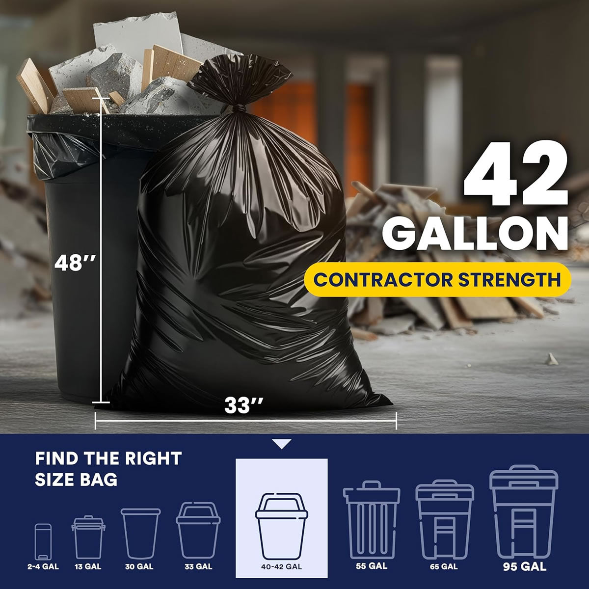 42 Gallon Contractor Trash Bags - Black, 50 Bags - 3 Mil