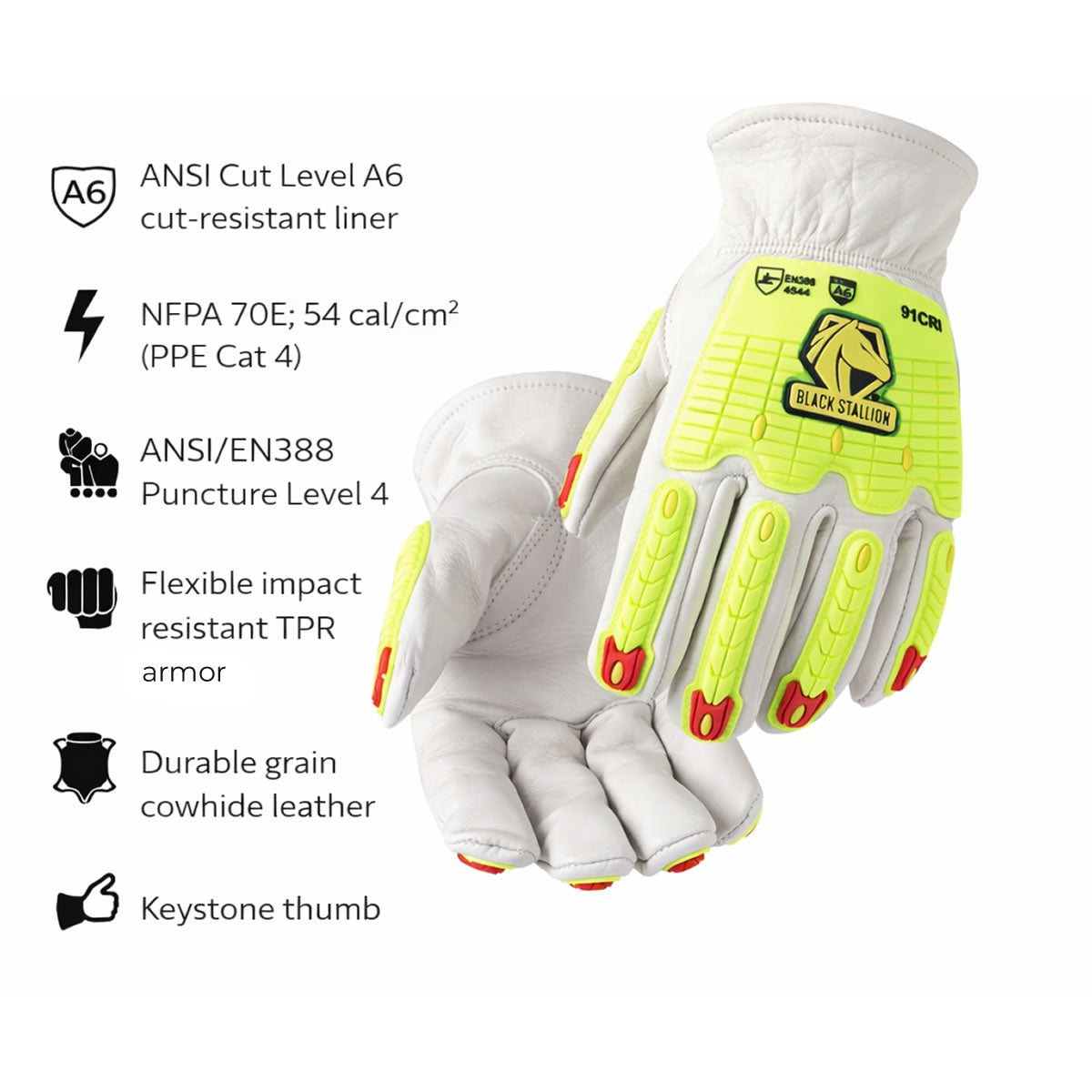 Black Stallion 91CRI A6 Cut Resistant Grain Cowhide Leather Driver Impact Gloves