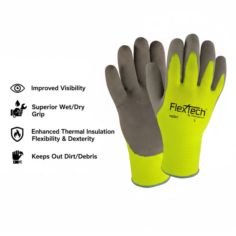 Wells Lamont Y9239T FlexTech Thermal A3 Cut Sandy Latex Coated Gloves, High-Vis Green