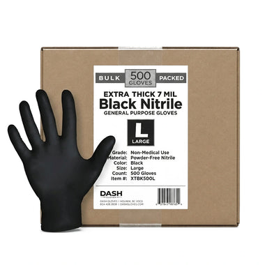 Box of 500 - DASH Extra Thick 7mil, Heavy Duty Black Nitrile XTBK500 Gloves