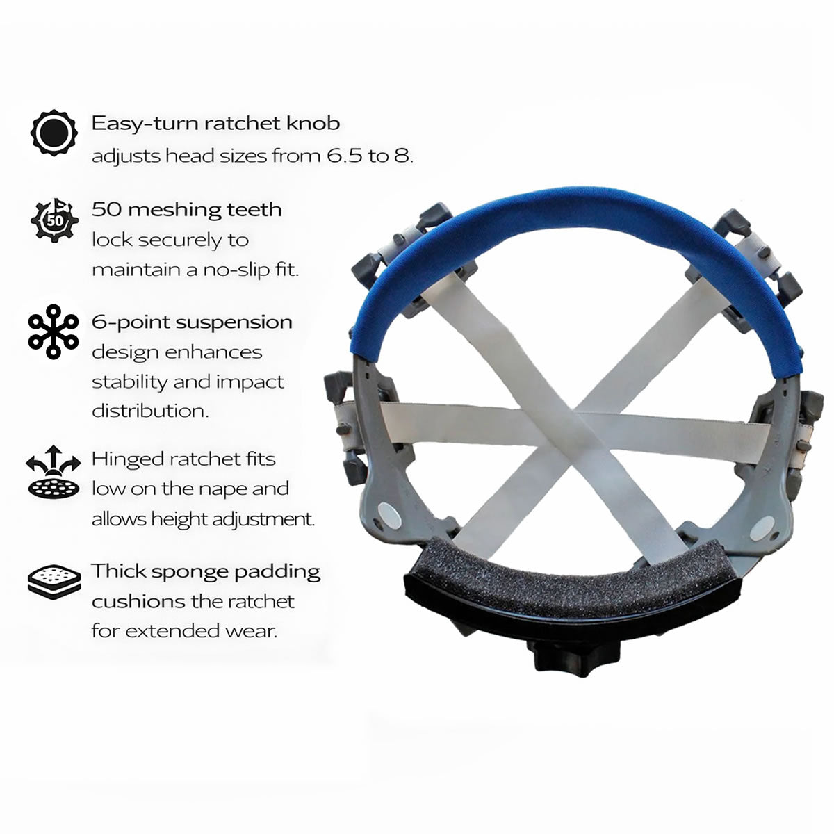 Delta Plus I-85R 6-Point Mega Ratchet Replacement Suspension, Omega II Full Brim & Cap Style, 19945