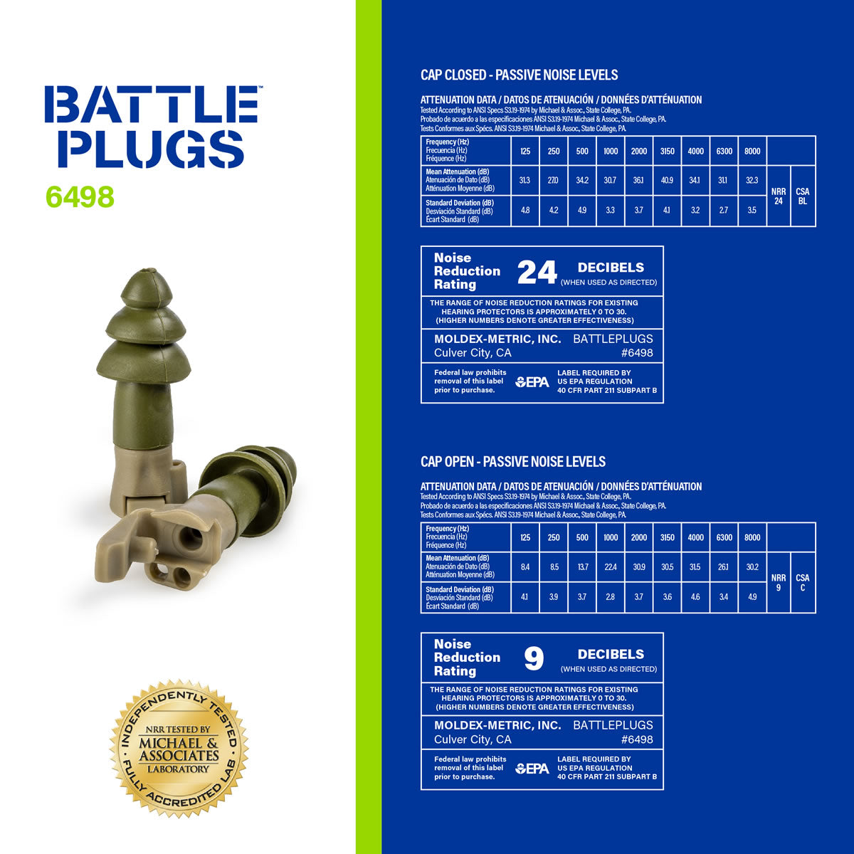 Moldex BattlePlugs Earplugs, NRR 24dB