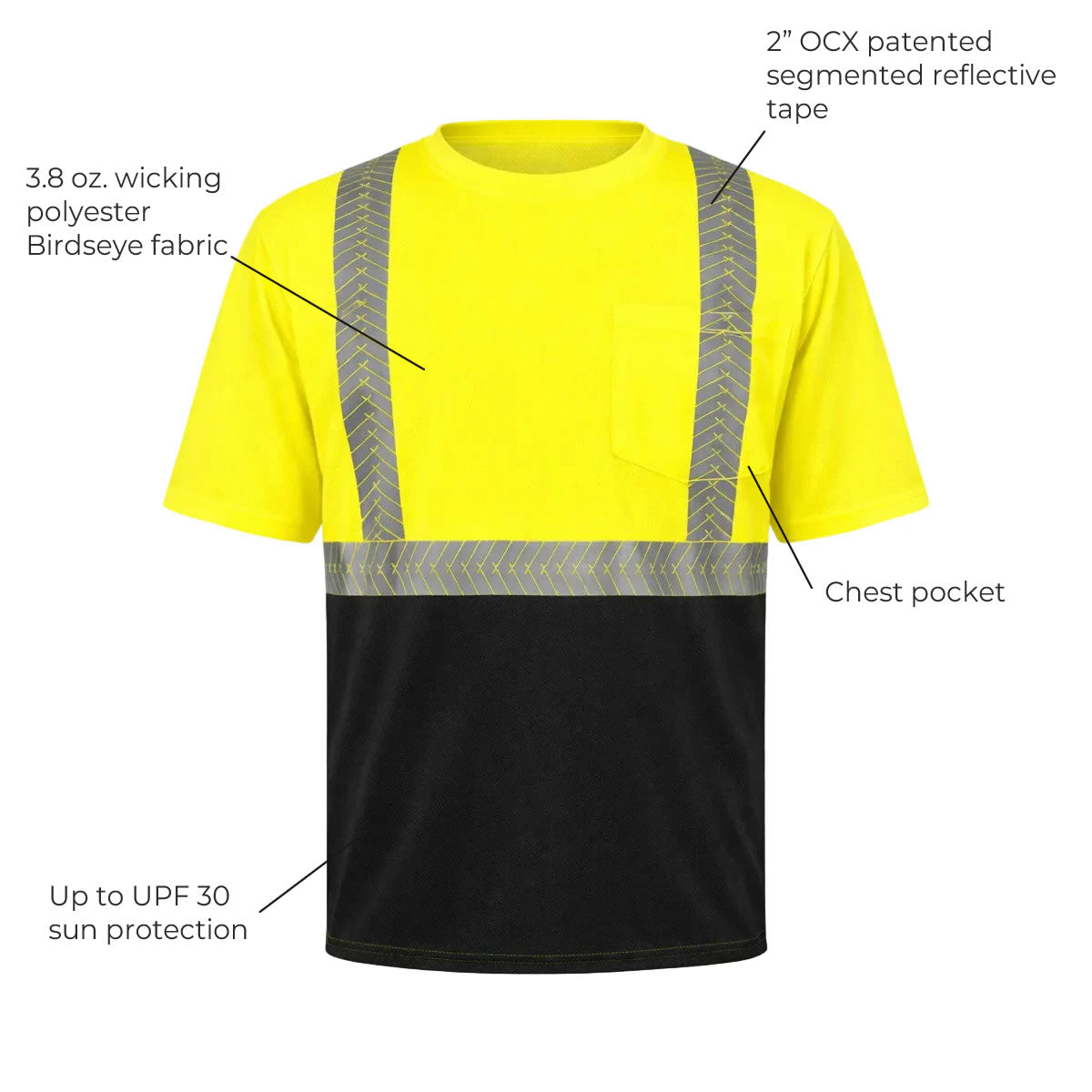 OccuNomix Type R Class 2 Hi-Vis Segmented Tape Black Bottom Short Sleeve T-Shirt, LUX-TSSP2BK