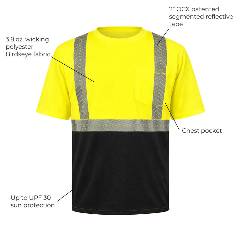 OccuNomix Type R Class 2 Hi-Vis Segmented Tape Black Bottom Short Sleeve T-Shirt, LUX-TSSP2BK