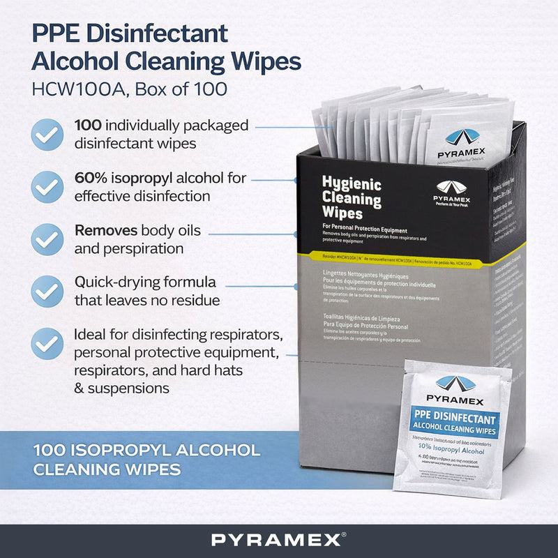 Pyramex PPE Alcohol Disinfectant Cleaning Wipes, Box of 100 (HCW100A)