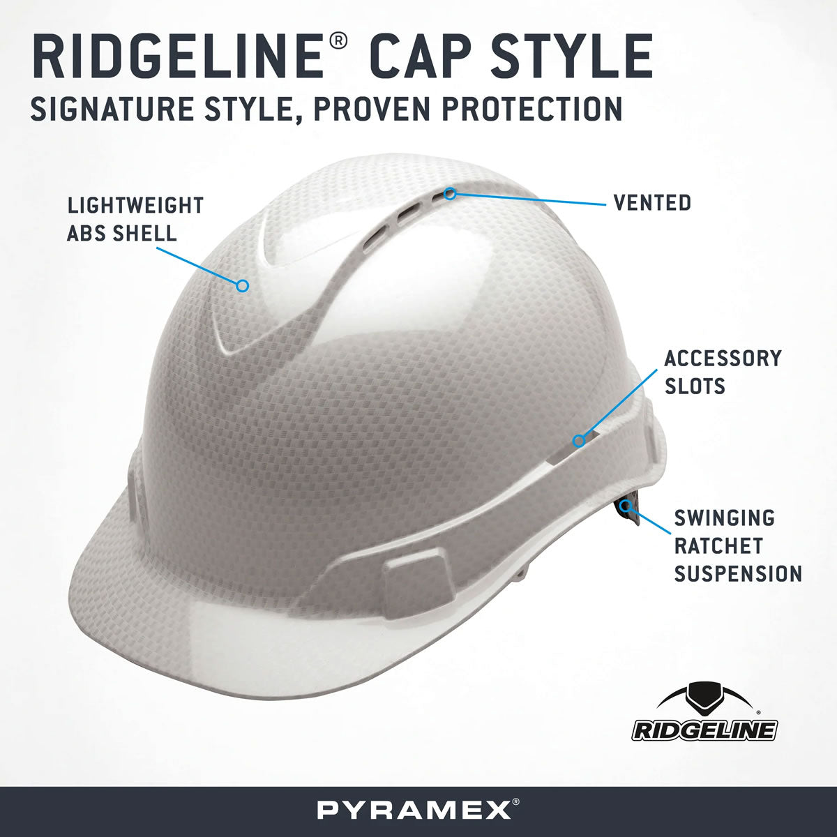 Custom 3D Pyramex Ridgeline Vented Cap Style Hard Hat, 4-Point Ratchet Suspension
