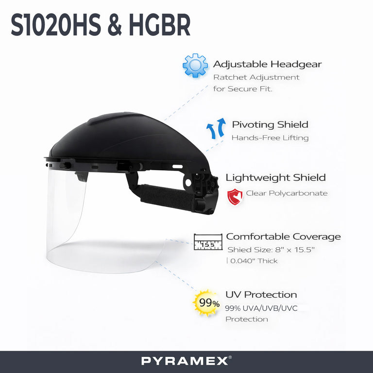Pyramex Ridgeline Ratchet Headgear with Clear Polycarbonate Half Face Shield Combo - S1020HS & HGBR