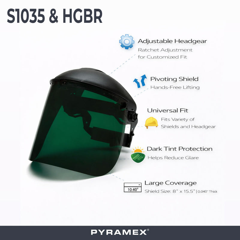 Pyramex Ridgeline Ratchet Headgear with Dark Green Tinted Polyethylene Face Shield Combo - S1035 & HGBR