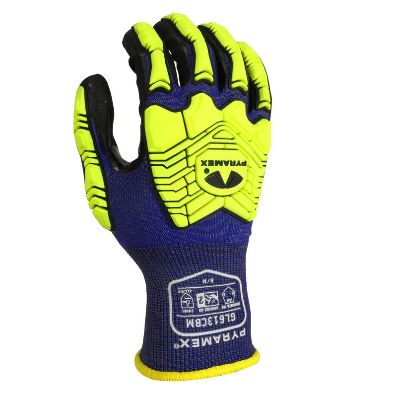 Pyramex GL613CB A4 Cut Micro-Foam Nitrile Dipped Impact 1 Gloves, Blue/Hi-Vis Lime