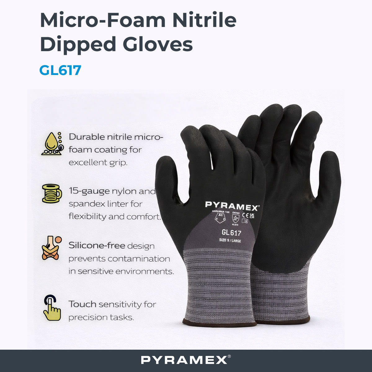 Pyramex GL617 Micro-Foam Nitrile Dipped Gloves, Gray/Black
