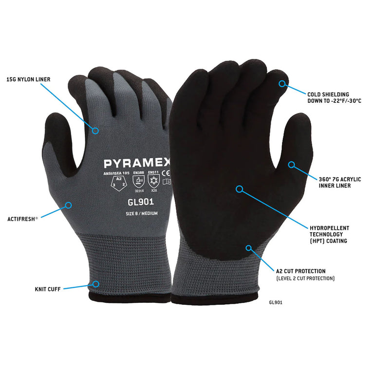 Pyramex Safety GL901 Insulated A2 Cut HPT Dipped Gloves, Gray