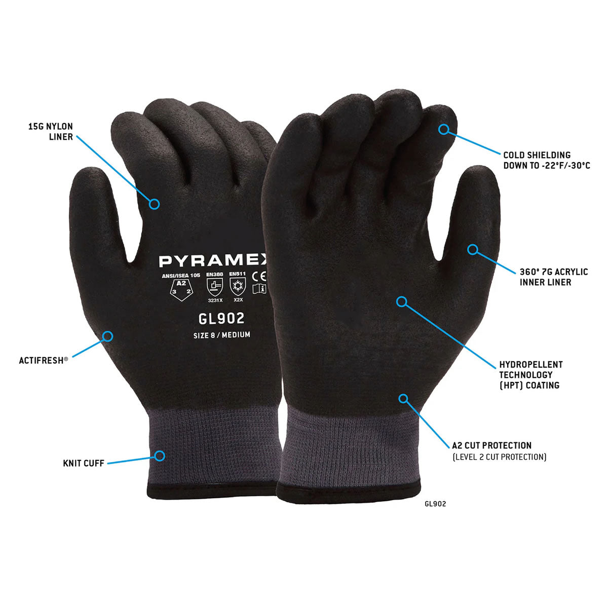 Pyramex Safety GL902 Insulated A2 Cut HPT Dipped Gloves, Black