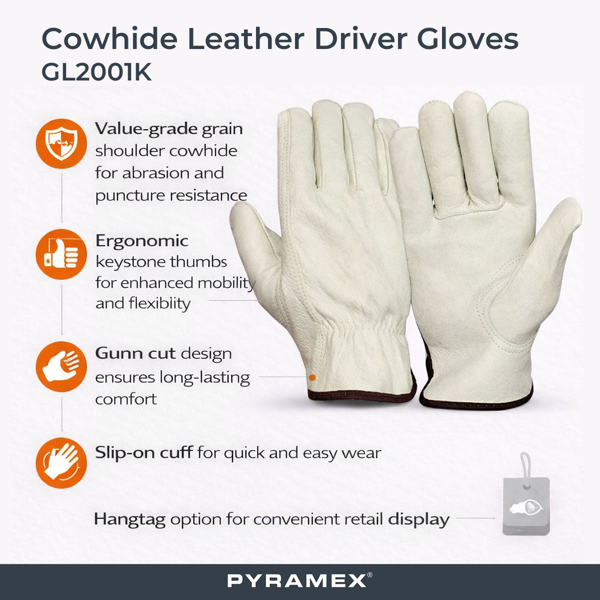 Pyramex GL2001K Cowhide Leather Driver Gloves, Natural