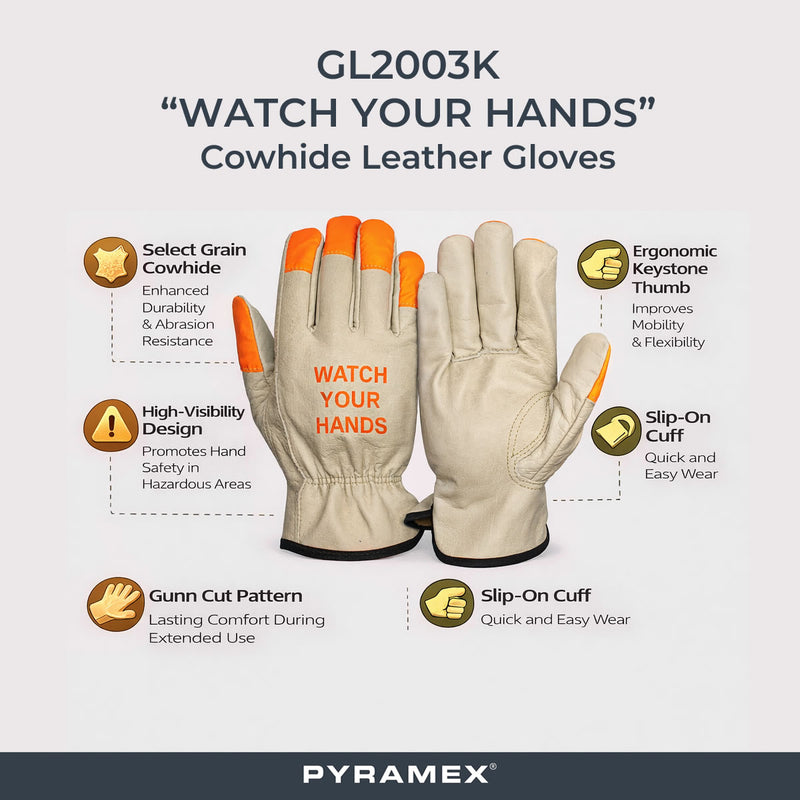 Pyramex GL2003K "Watch Your Hands" Cowhide Leather Driver Gloves, Natural