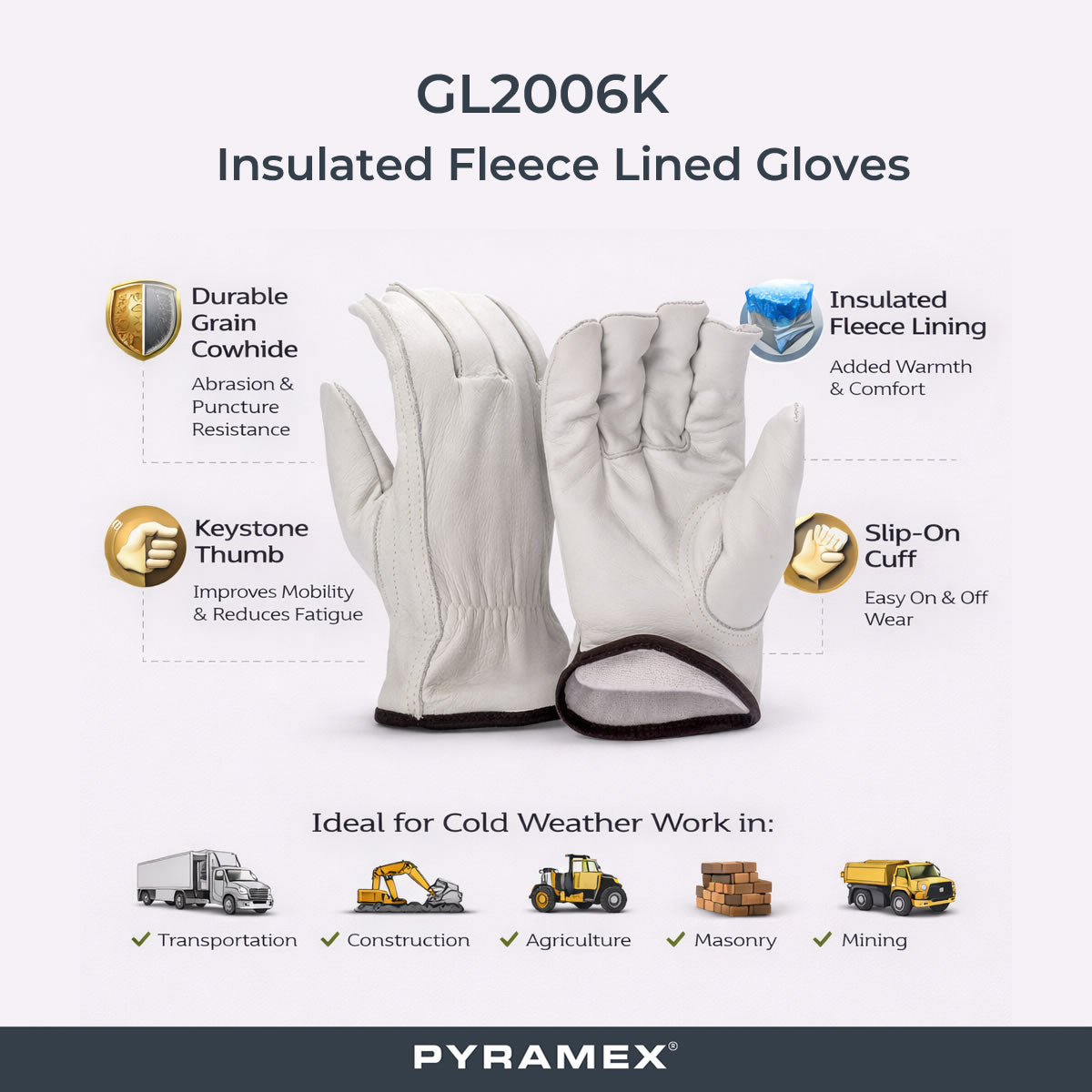 Pyramex GL2006K Insulated Fleece Lined Cowhide Leather Gloves, White