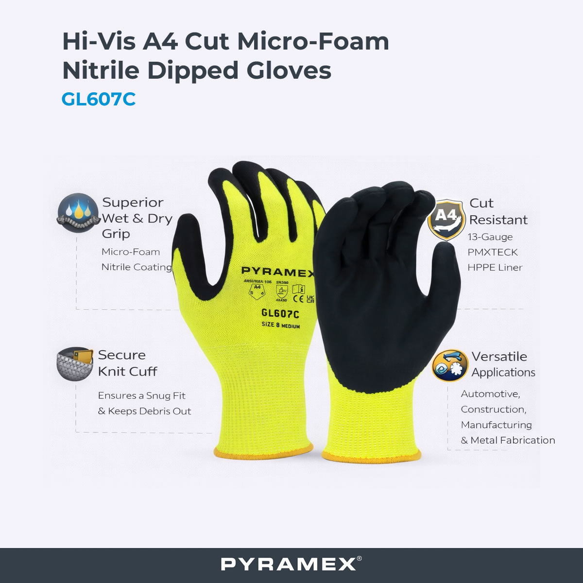 Pyramex GL607C A4 Cut Micro-Foam Nitrile Dipped Gloves, Hi-Vis Green
