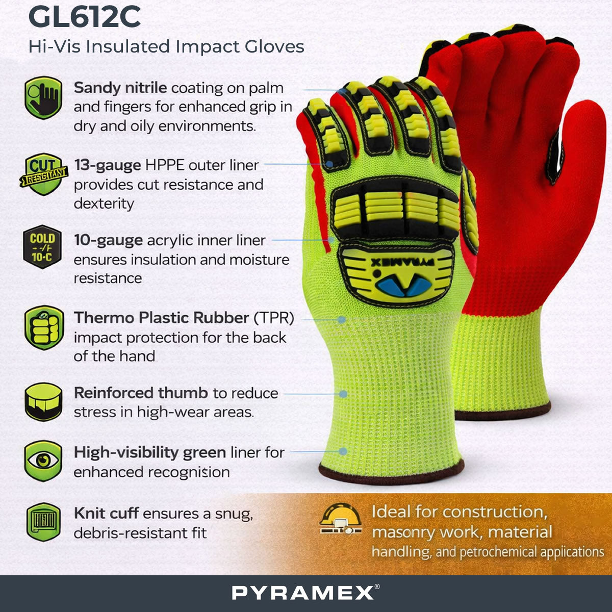 Pyramex GL612C Hi-Vis Insulated A5 Cut Sandy Nitrile Dipped Level 2 Impact Gloves, Hi-Vis Green