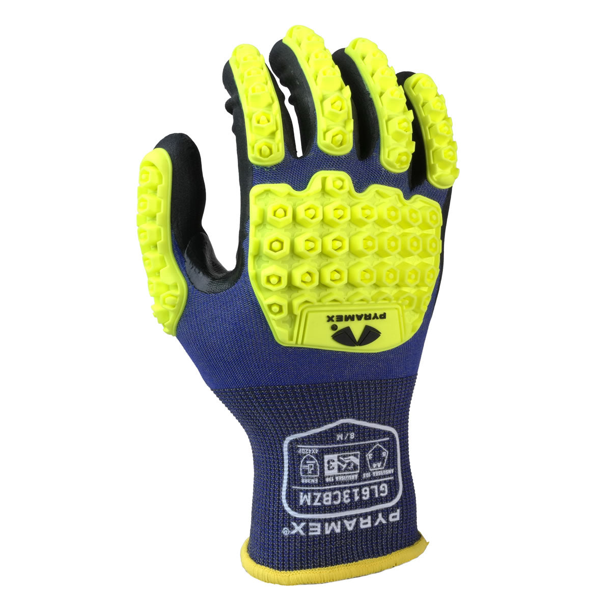 Pyramex GL613CBZ A4 Cut Micro-Foam Nitrile Dipped Impact 3 Gloves, Blue/Hi-Vis Green