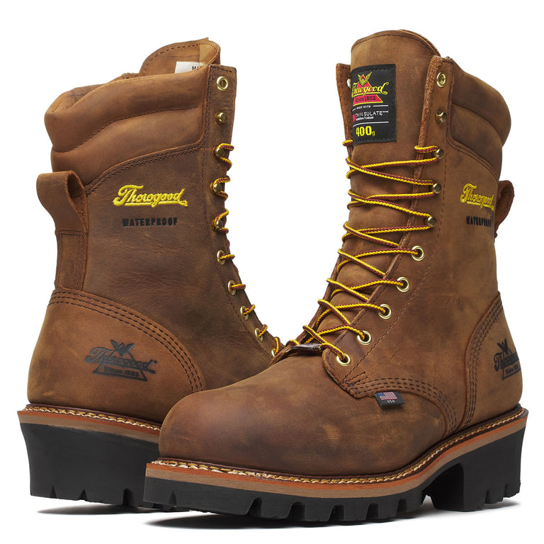 Thorogood Men's Logger Series 9" Insulated Waterproof Steel Toe Boots, 804-3554, Crazy Horse Brown