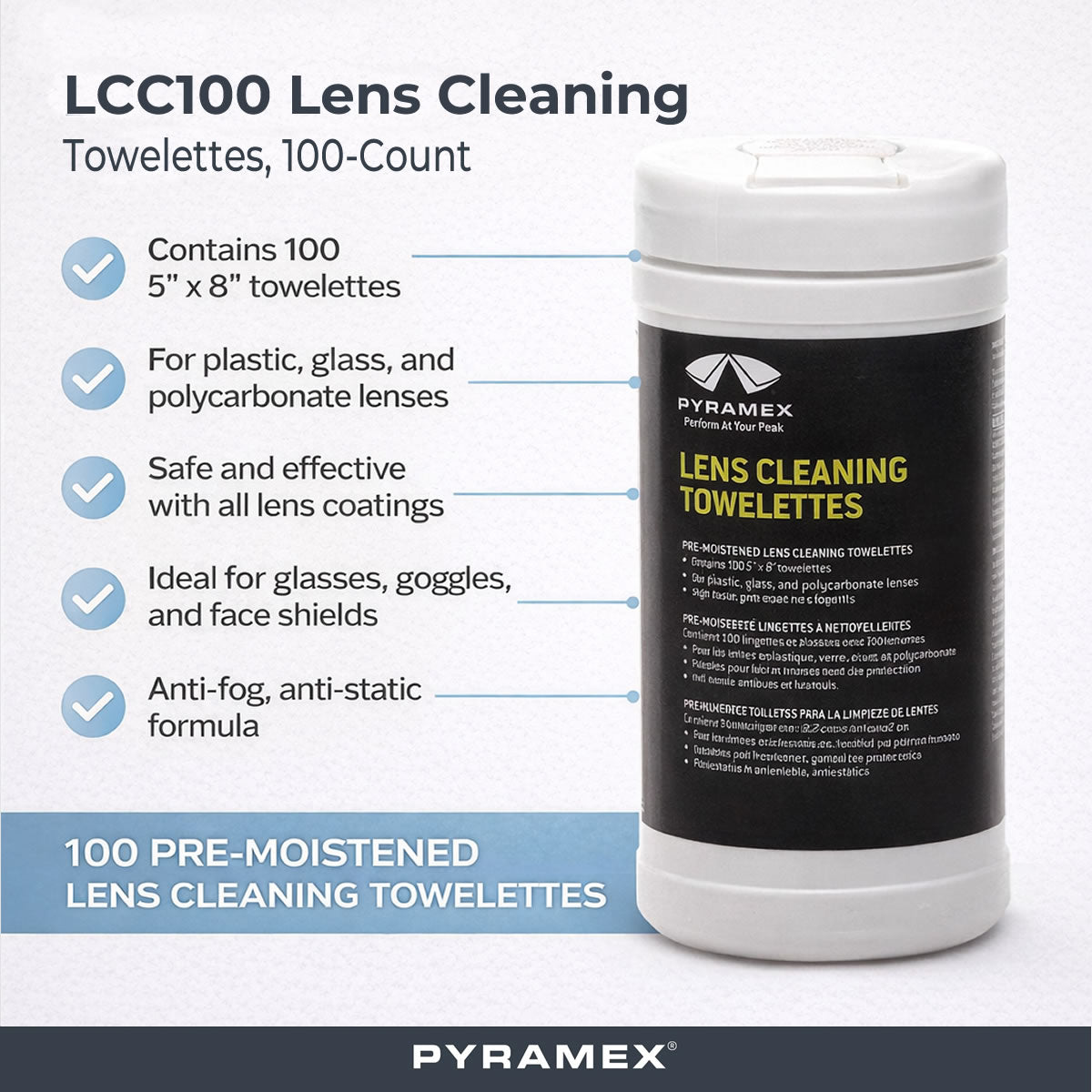 Pyramex LCC100 Lens Cleaning Towelettes, 100-Count Box