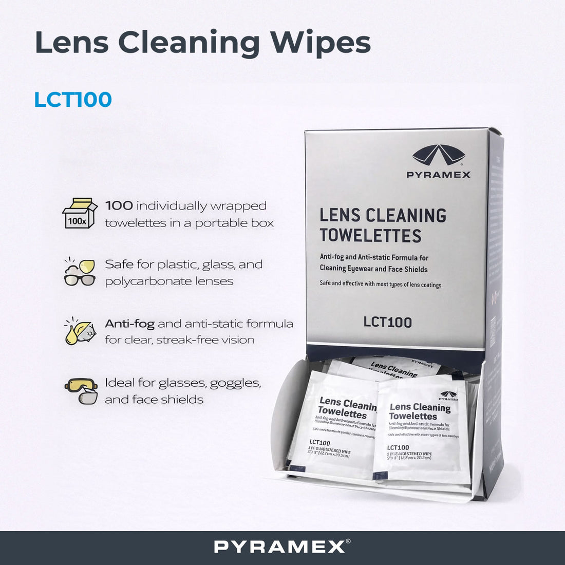 Pyramex LCT100 Lens Cleaning Wipes, Box of 100 – Safety Gear ...