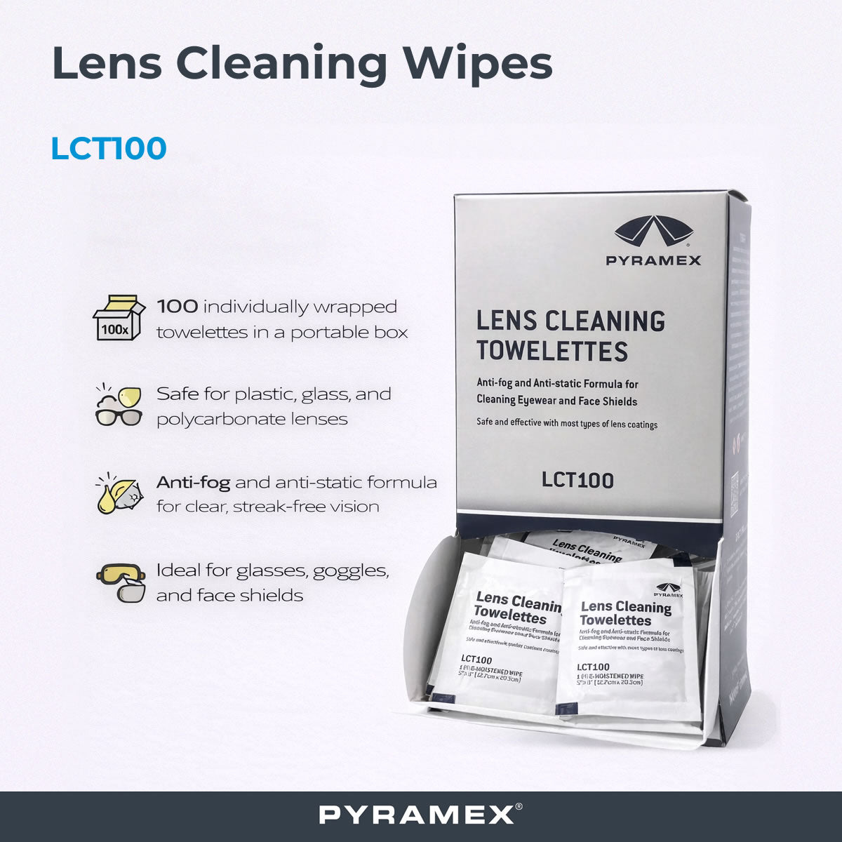 Pyramex LCT100 Lens Cleaning Wipes, Box of 100