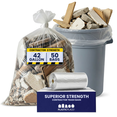 42 Gallon Contractor Trash Bags - Clear, 50 Bags - 3 Mil