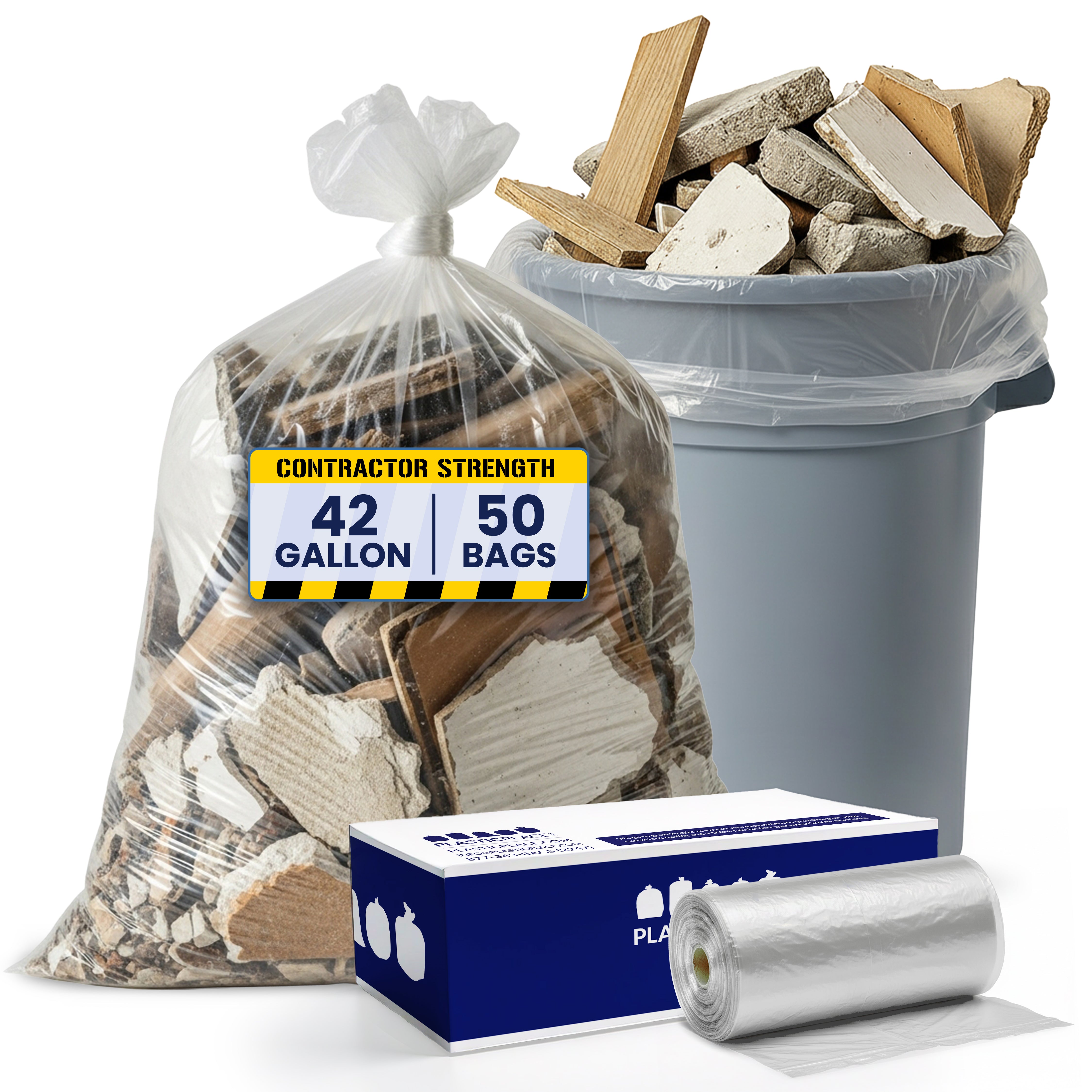 42 Gallon Contractor Trash Bags - Clear, 50 Bags - 3 Mil