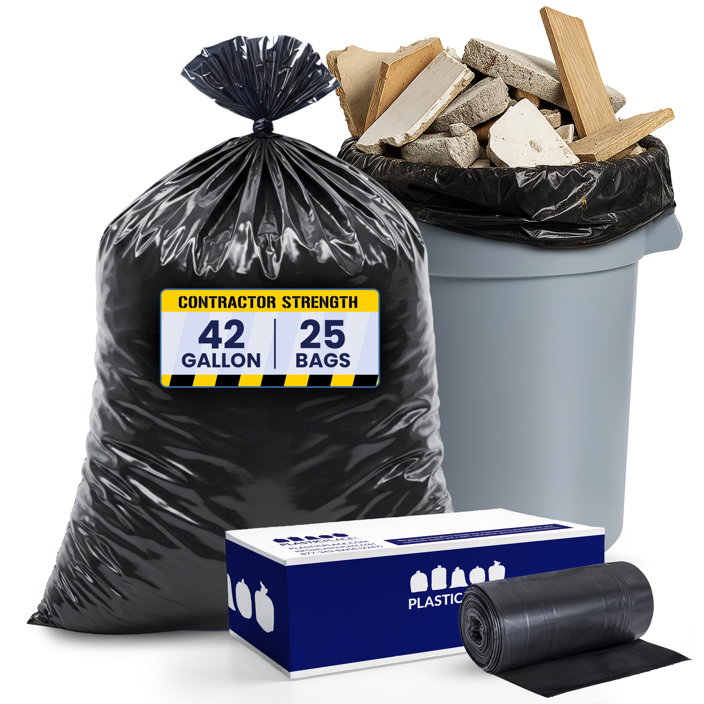 42 Gallon Contractor Trash Bags - Black, 25 Bags - 6 Mil