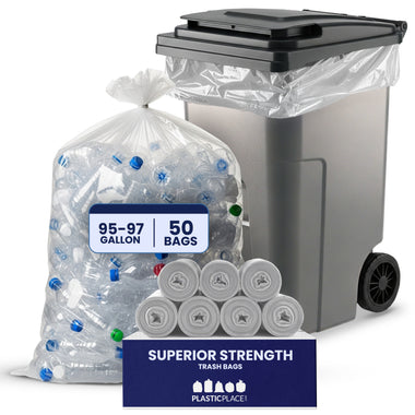 95-96 Gallon Trash Bags - Clear, 50 Bags (10 Rolls of 5) - 1.5 Mil