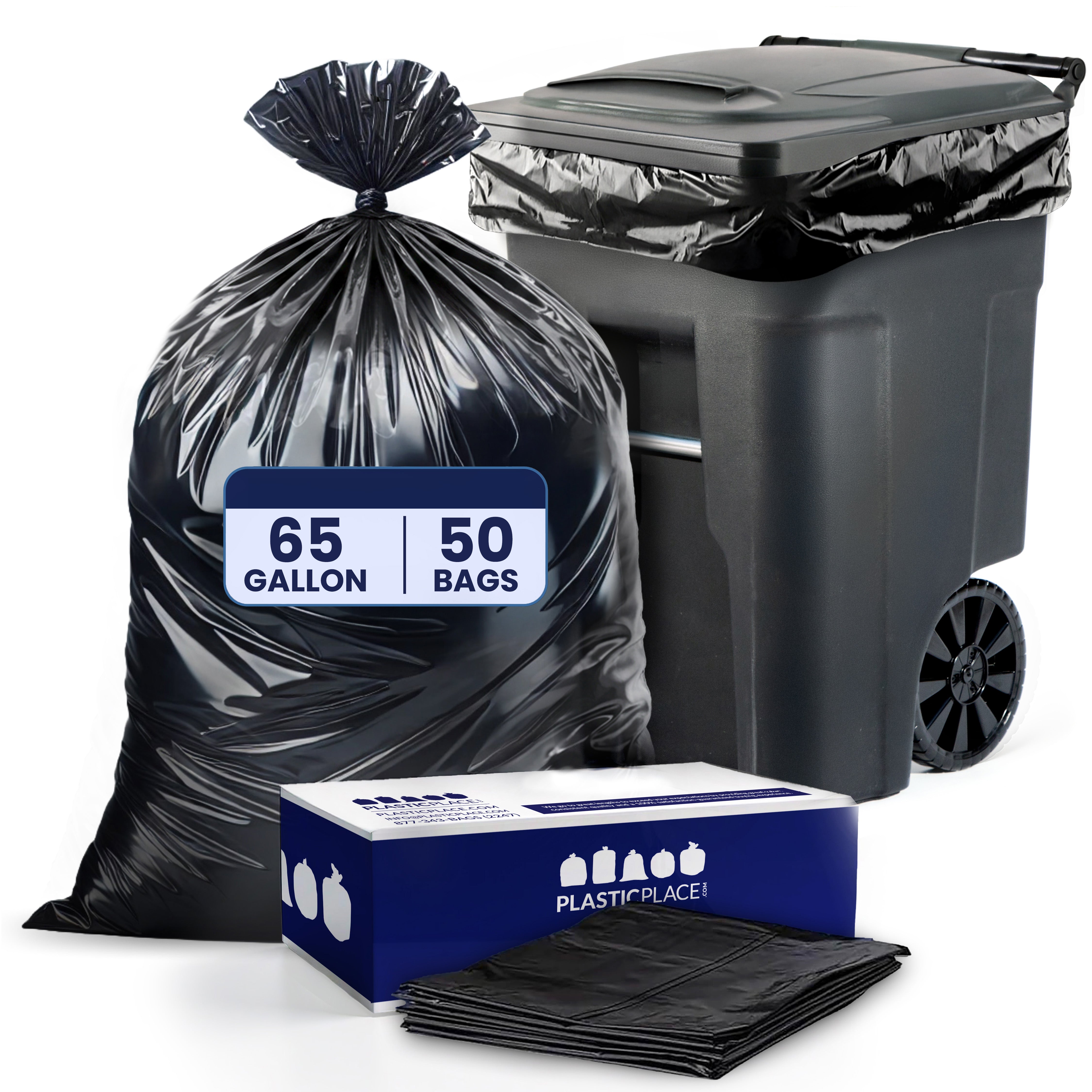 65 Gallon Extra Heavy Trash Bags - Black, 50 Bags - 3 Mil
