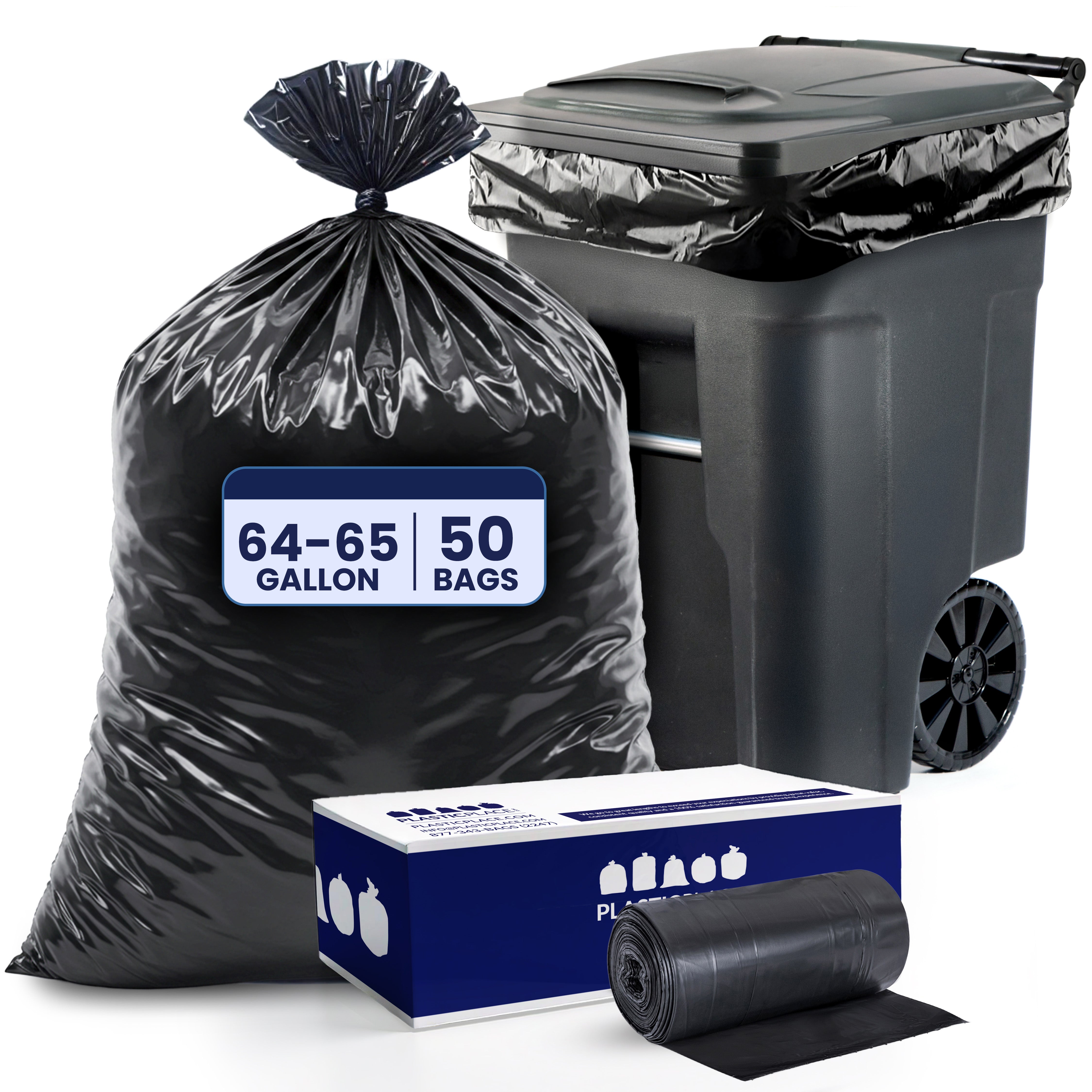 64 Gallon Toter Compatible Trash Bags - Black, 50 Bags (5 Rolls of 10) - 2 Mil