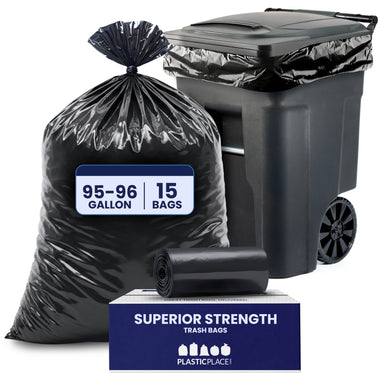 95-96 Gallon Trash Bags on Rolls, Jr Pack - Black, 15 Bags - 1.2 Mil