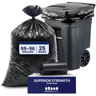 95-96 Gallon Trash Bags - Black, 25 Bags (5 Rolls of 5) - 1.5 Mil
