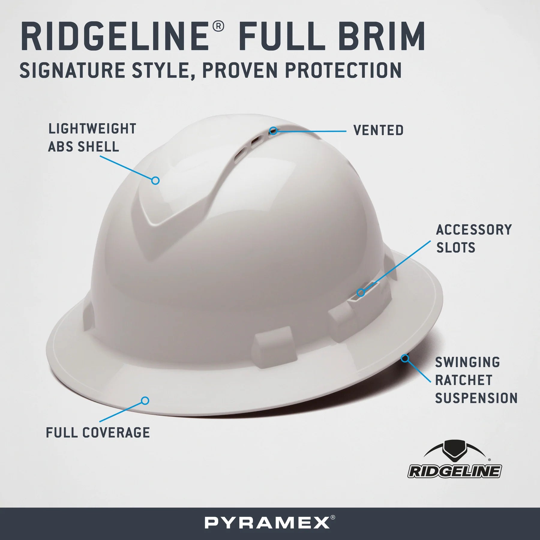 Pyramex Ridgeline Vented Full Brim Hard Hat 4-Point Ratchet Suspension