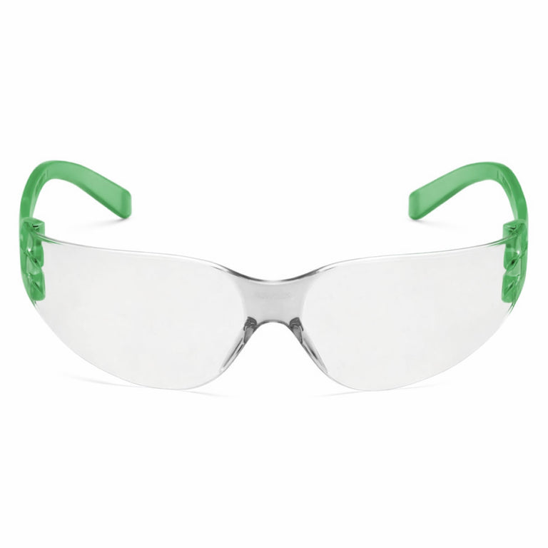 Rugged Blue Diablo Safety Glasses, Clear Lens, Green Frame, 12 Pack
