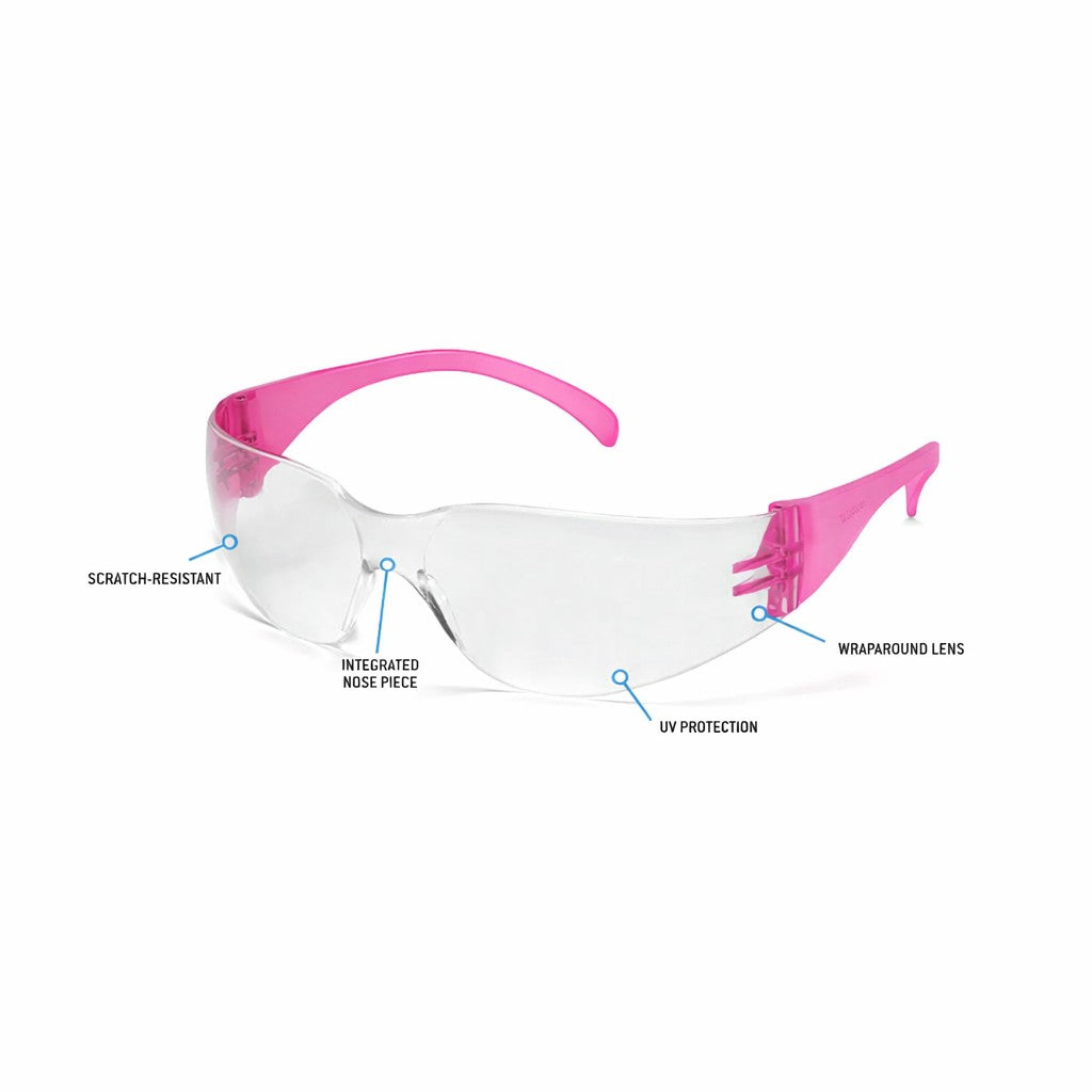 Rugged Blue Diablo Safety Glasses, Clear Lens, Pink Frame, 12 Pack
