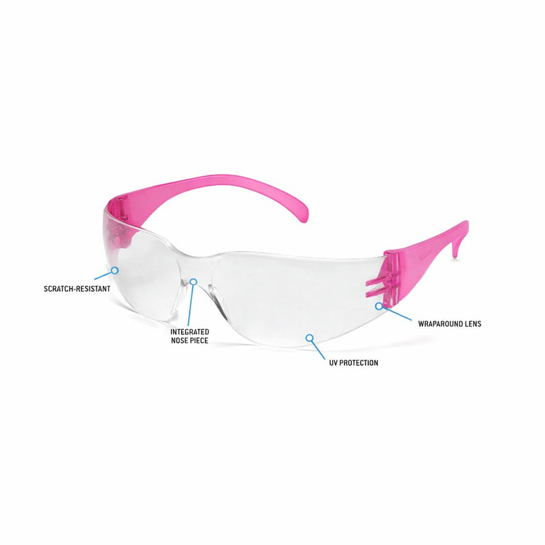 Rugged Blue Diablo Safety Glasses, Clear Lens, Pink Frame, 12 Pack