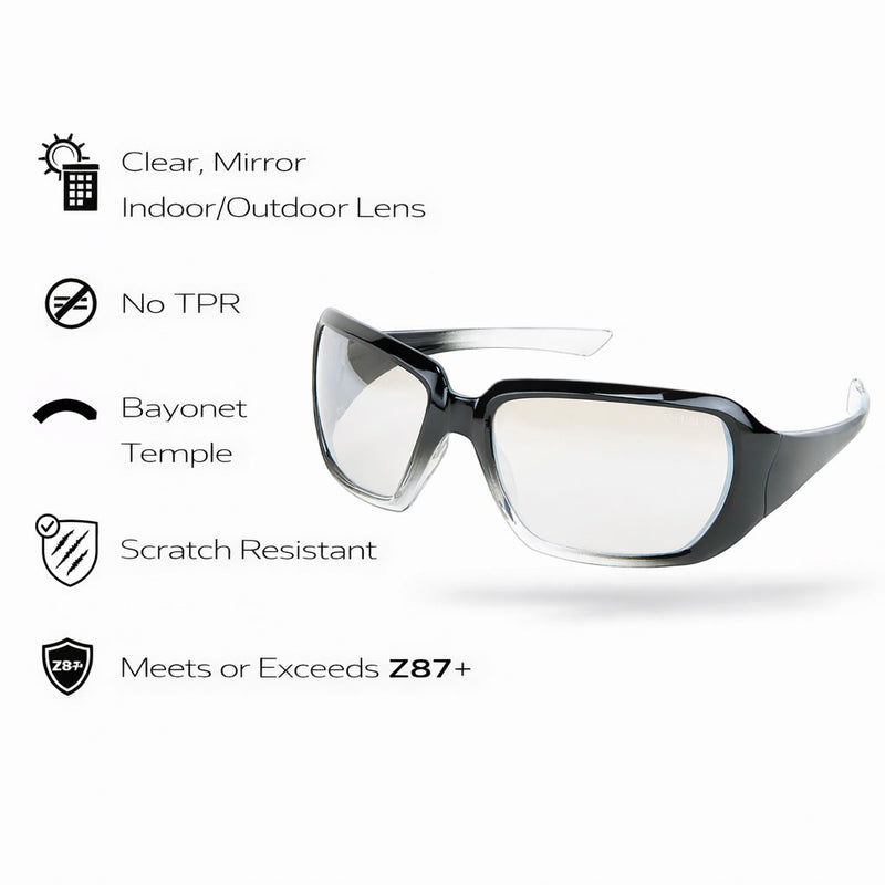 MCR Safety Crews 2 Women's Black/Clear Frame Safety Glasses - Clear Mirror Indoor/Outdoor Lens