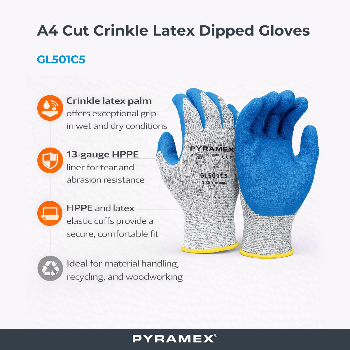 Pyramex GL501C5 A4 Cut Crinkle Latex Dipped Gloves, Gray