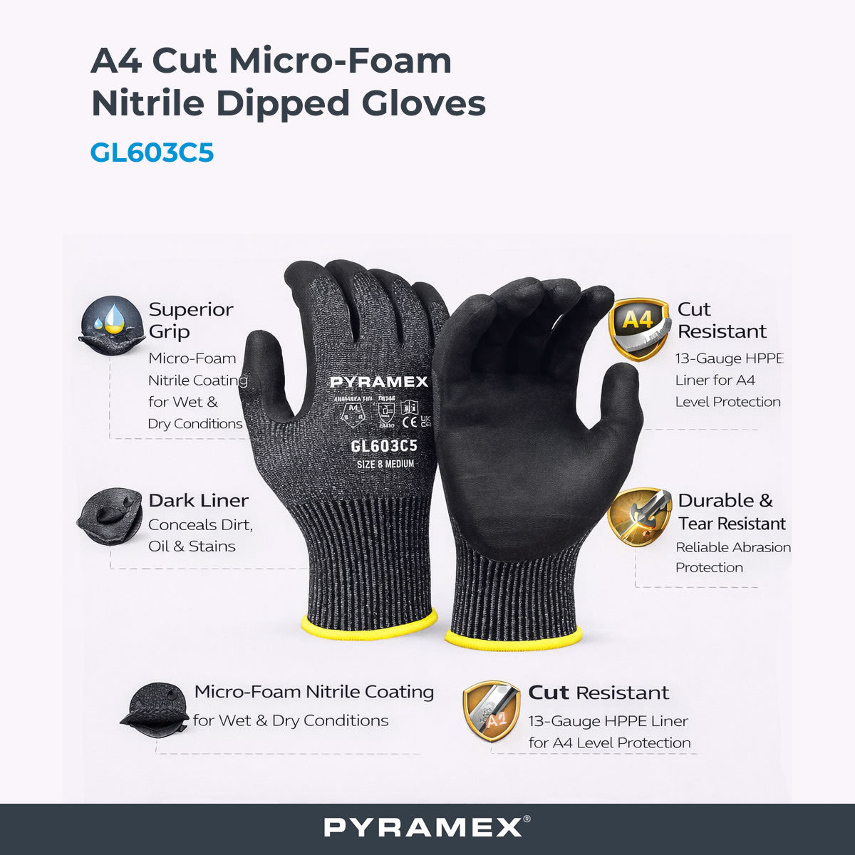 Pyramex GL603C5 A4 Cut Micro-Foam Nitrile Dipped Gloves, Gray