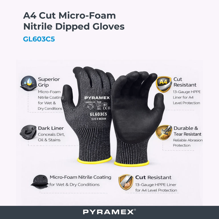 Pyramex GL603C5 A4 Cut Micro-Foam Nitrile Dipped Gloves, Gray