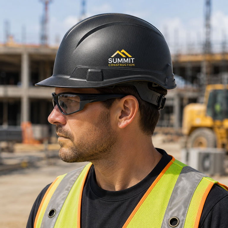 Custom Pyramex Ridgeline Cap Style Hard Hat, 4-Point Ratchet Suspension, Black Graphite